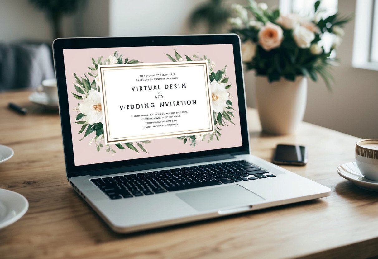 A laptop screen displaying a virtual wedding invitation with elegant design elements and customizable details
