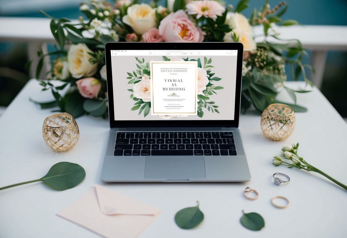 A laptop displaying a virtual wedding invitation design, surrounded by a floral arrangement and a wedding ring