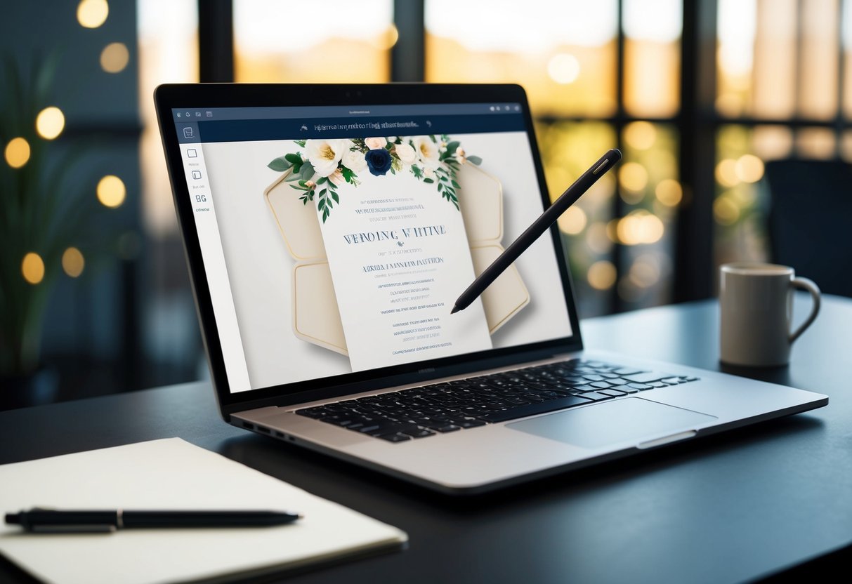 A laptop open on a desk, displaying an elegant virtual wedding invitation on the screen. A stylus hovers over the screen, ready to make edits