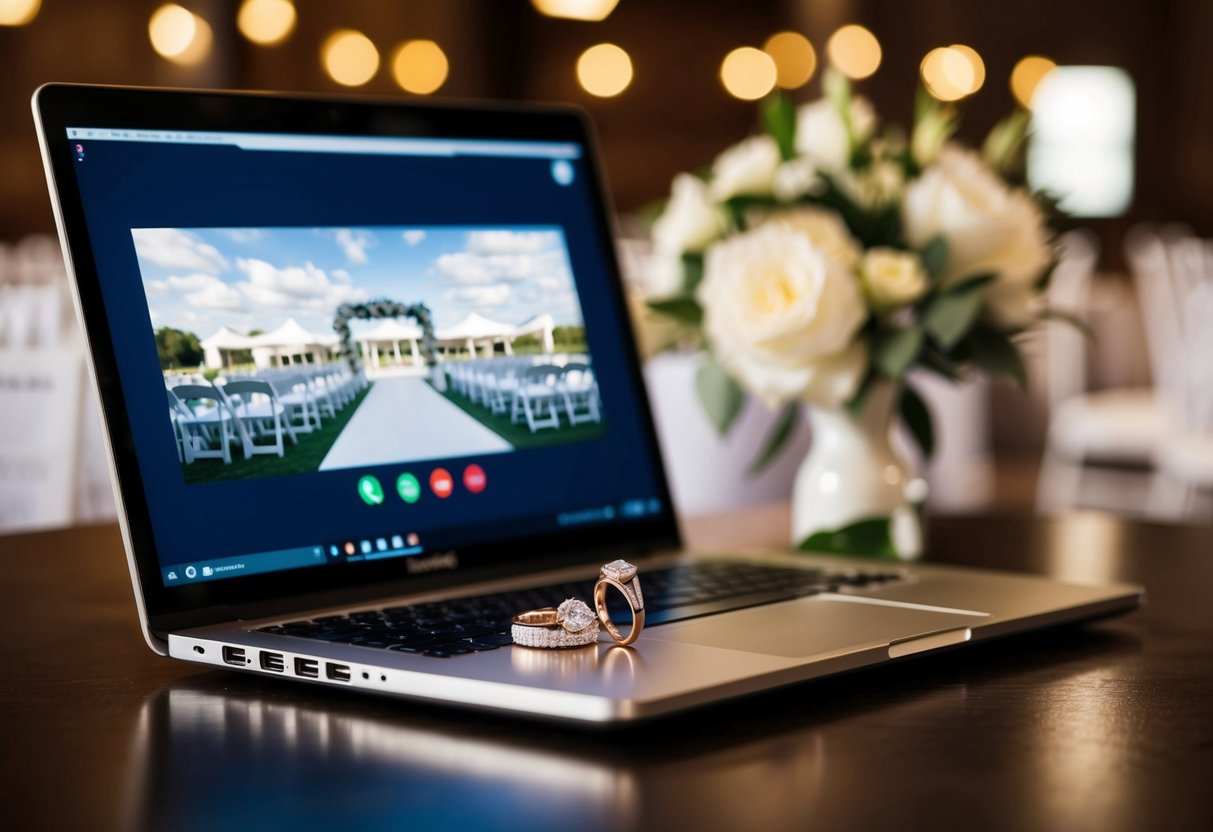 A laptop with a zoom call open, two wedding rings placed in front of the screen, and a virtual background of a wedding venue