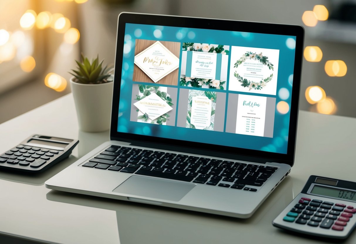 A laptop open on a desk, with a variety of virtual wedding invitation designs displayed on the screen. A calculator and price list sit nearby
