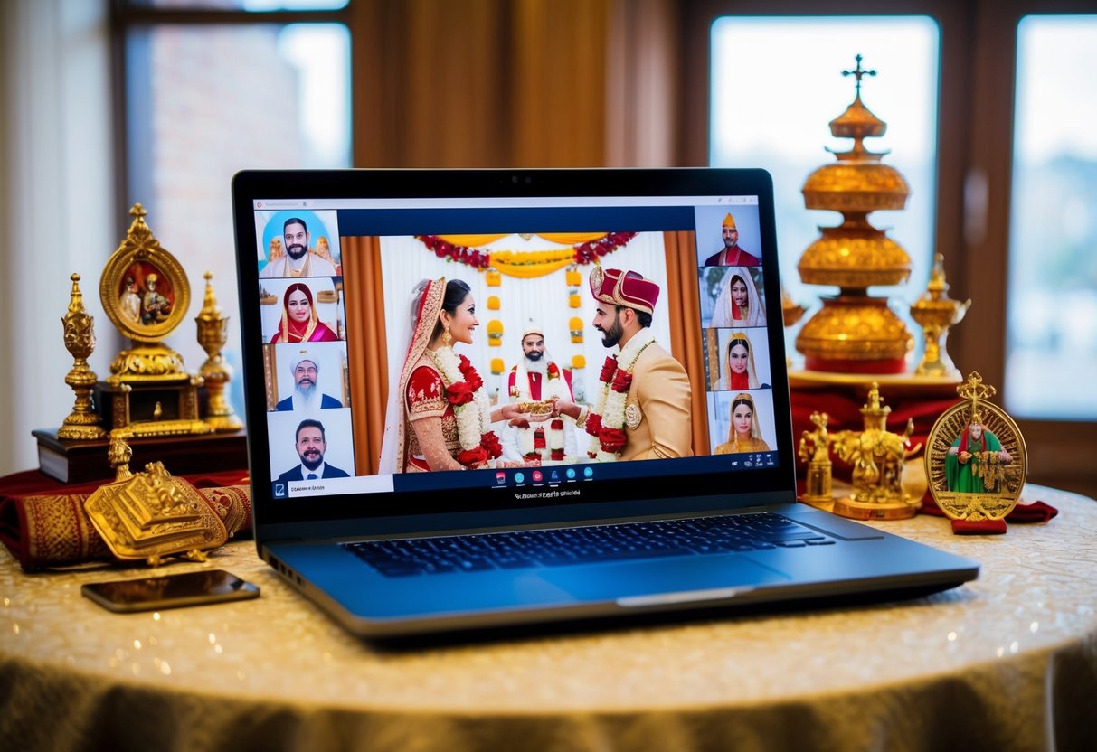 A laptop displaying a virtual wedding ceremony on Zoom, with a bride and groom in traditional cultural attire surrounded by symbolic religious items
