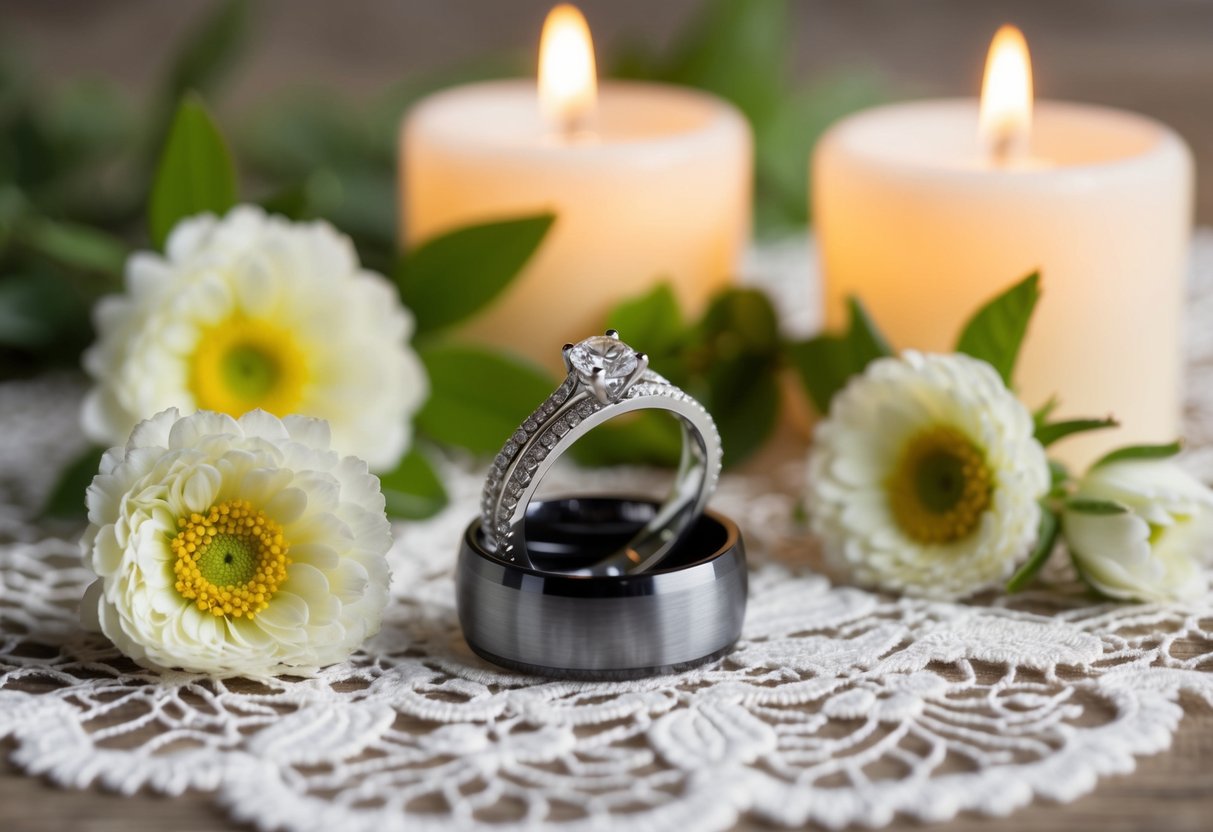 A pair of wedding rings placed on a delicate lace background, surrounded by fresh flowers and soft candlelight