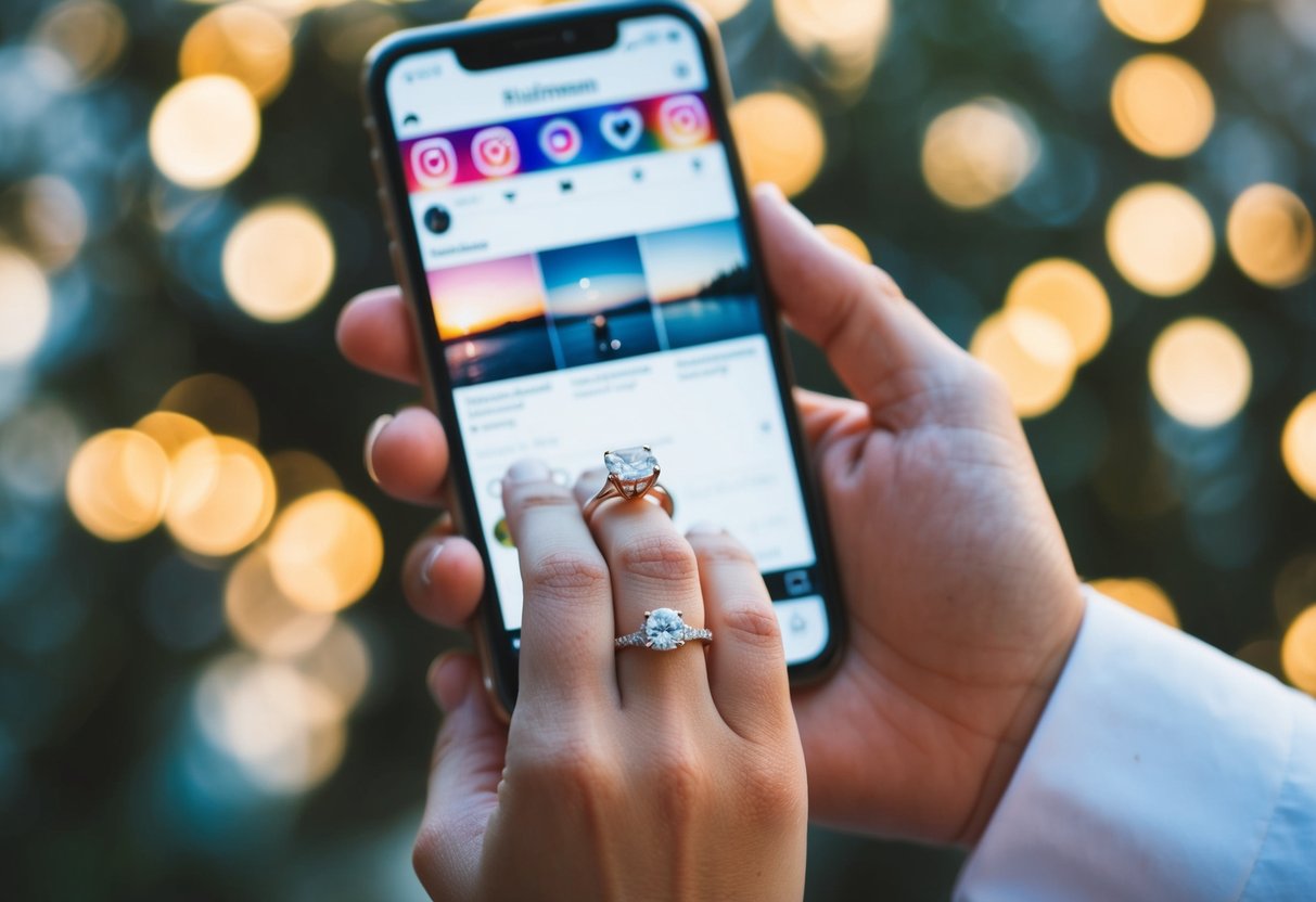A hand holding a wedding ring, with a smartphone displaying an Instagram feed in the background