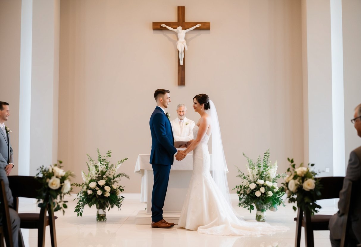 A bride and groom standing alone at the altar in a simple, elegant ceremony