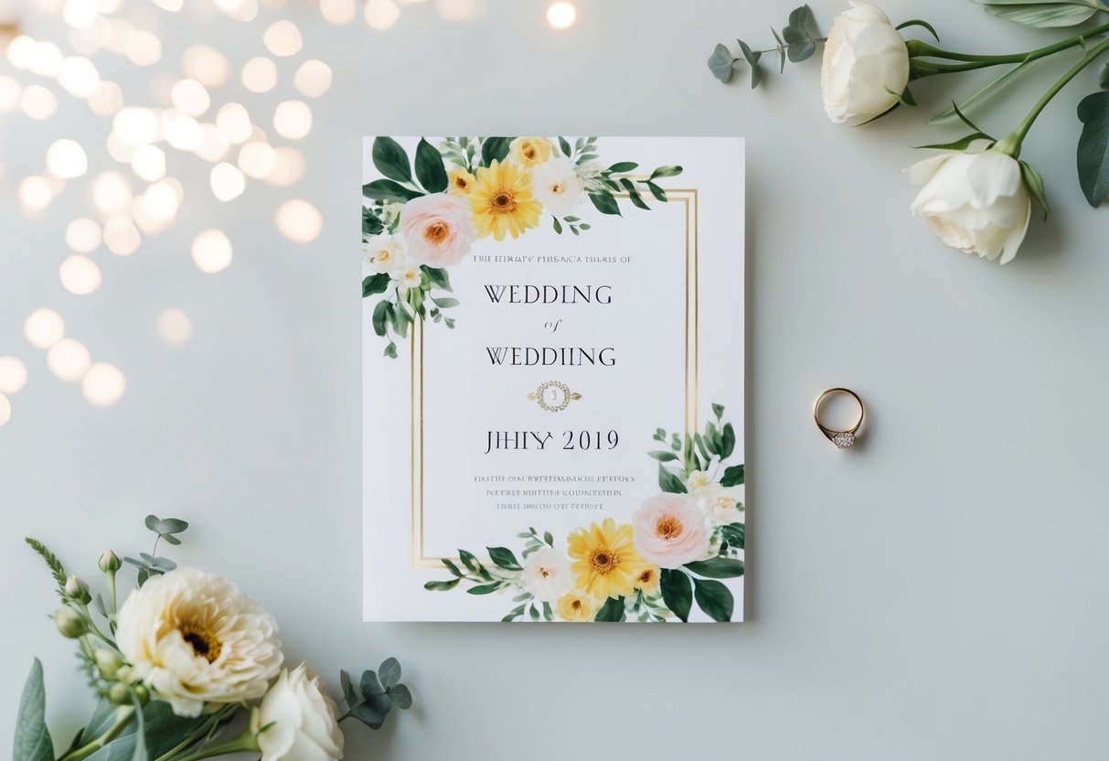 A beautifully designed wedding announcement with floral decorations and a ring, placed on a clean, modern background