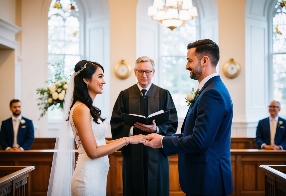 A simple wedding ceremony with a couple standing before an officiant in a registry office