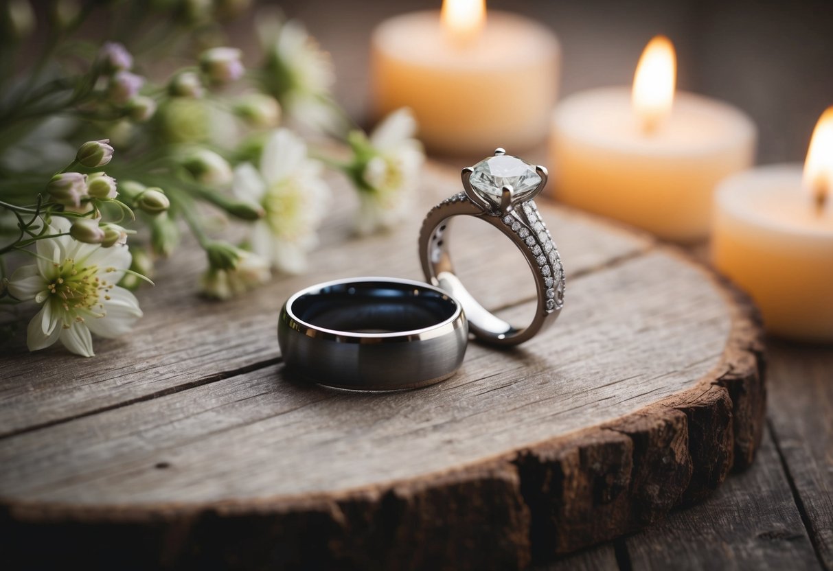 A pair of elegant wedding rings placed on a rustic wooden surface, surrounded by delicate flowers and soft candlelight