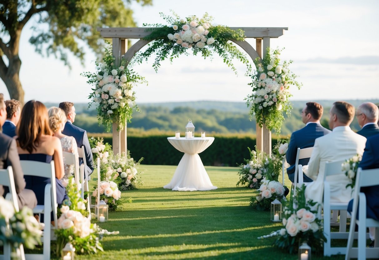 A serene outdoor wedding ceremony setting with a beautiful arch, floral decorations, and seating for guests, set against a picturesque backdrop
