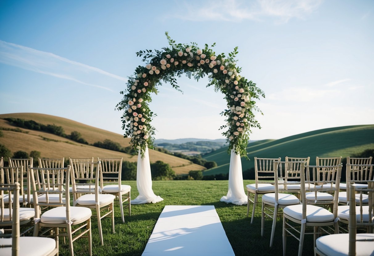 A beautiful outdoor wedding ceremony with a floral arch, elegant chairs, and a scenic backdrop of rolling hills and a clear blue sky
