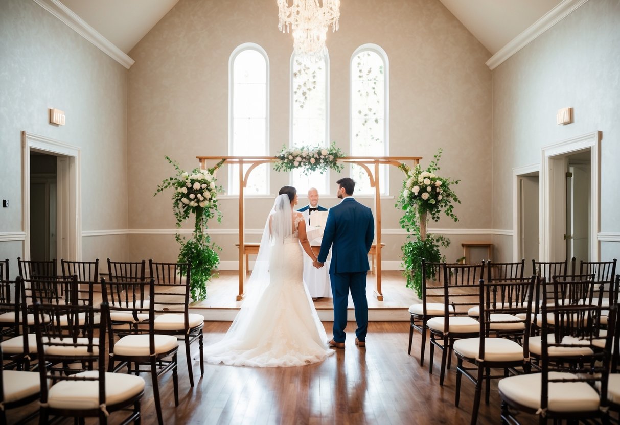 A bride and groom stand at the altar, surrounded by empty chairs and a beautiful, empty venue