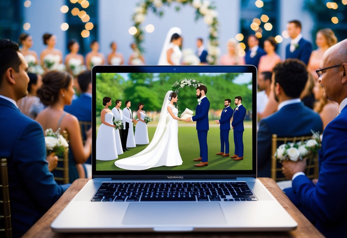 A laptop displaying a virtual wedding ceremony, with a bride and groom avatars exchanging vows while guests watch from their own screens