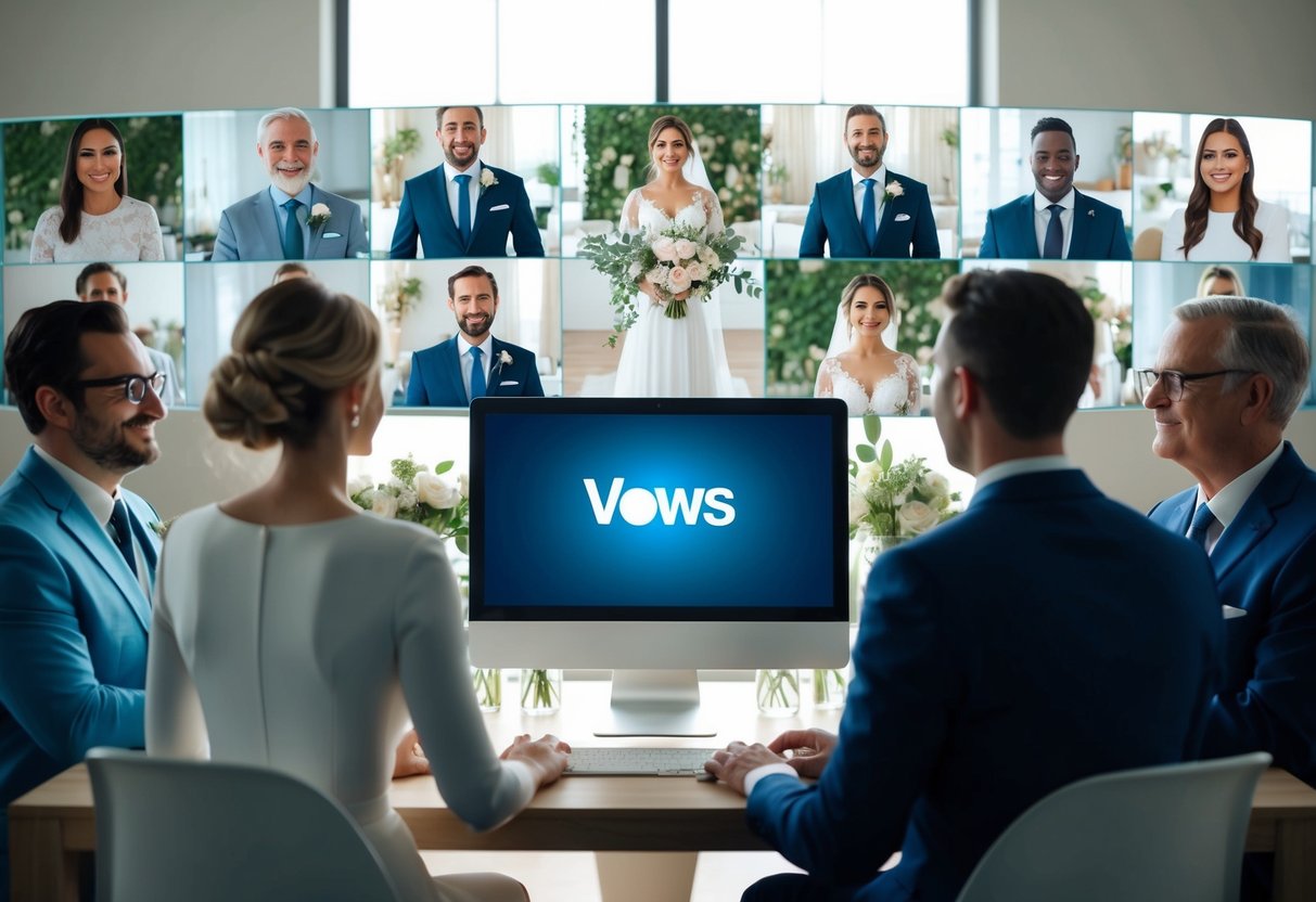 A couple stands in front of a computer, surrounded by virtual guests on a video call. They exchange vows in a virtual wedding ceremony