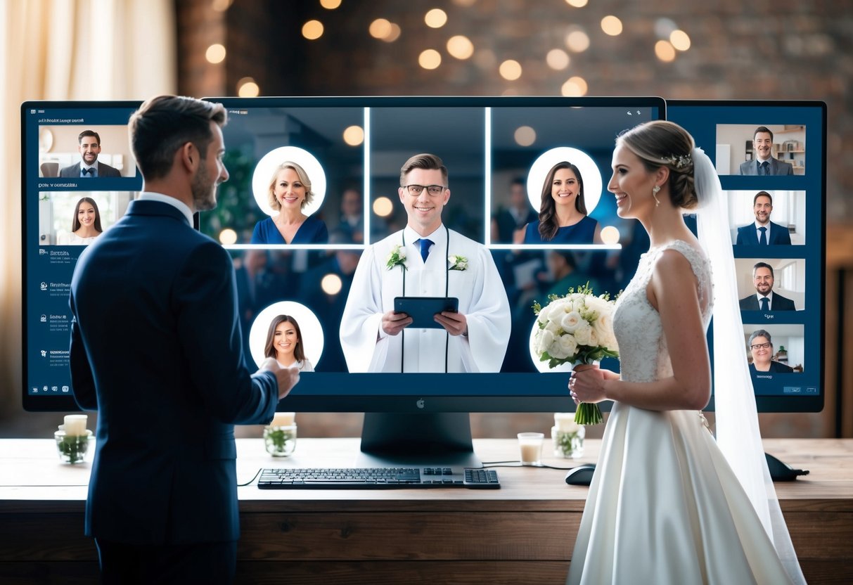 A bride and groom stand in front of a computer screen, surrounded by virtual guests. The officiant leads the ceremony from a separate location