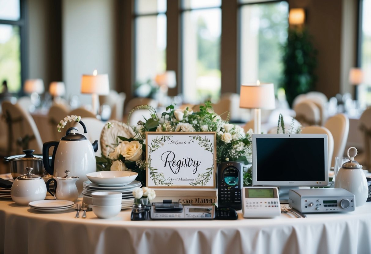 A table with various items such as kitchenware, linens, and electronics arranged neatly with a decorative sign indicating it's a registry
