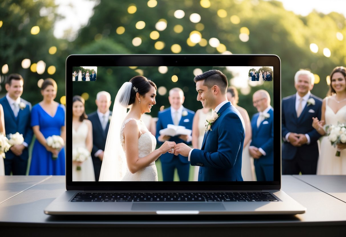 A bride and groom exchange vows on a laptop screen, surrounded by virtual guests in a Zoom wedding setting