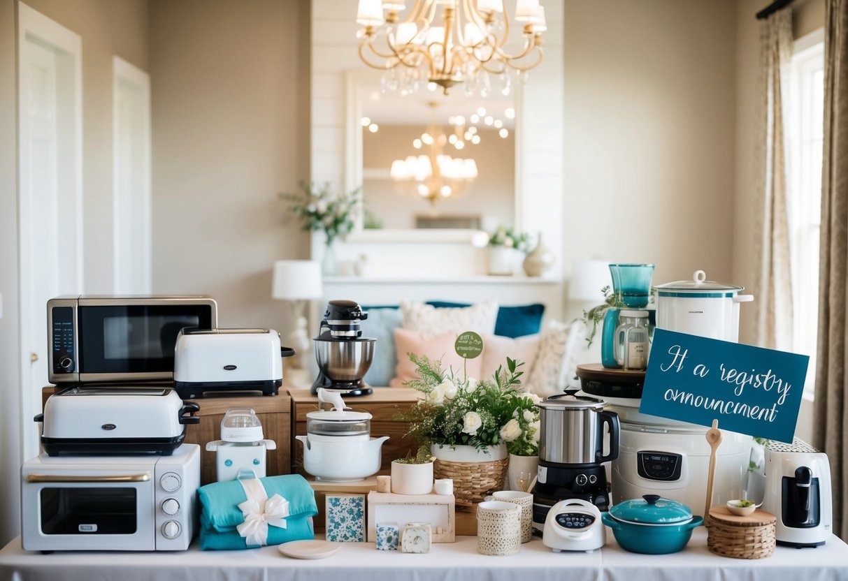 A table with a variety of household items such as kitchen appliances, bedding, and home decor, arranged neatly with a sign indicating it's a registry announcement