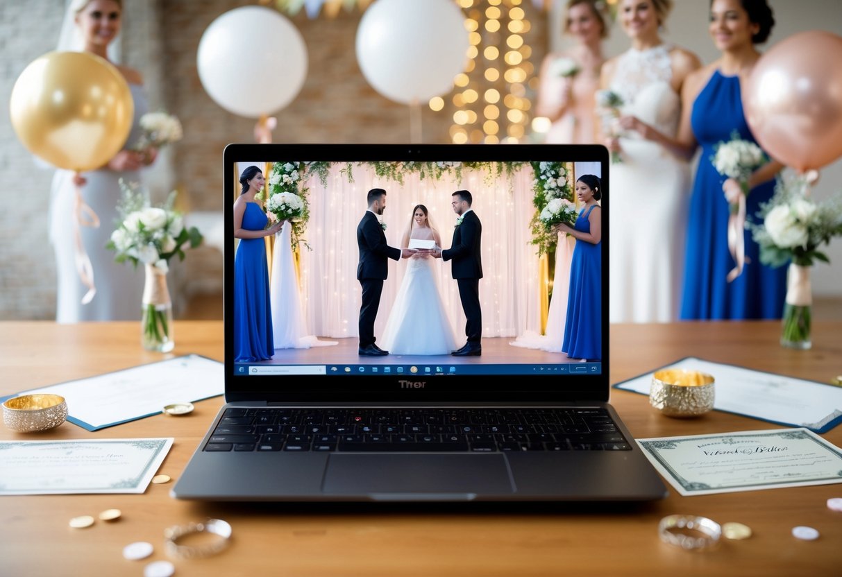 A laptop with a virtual wedding ceremony on the screen, surrounded by celebratory decorations and a marriage certificate