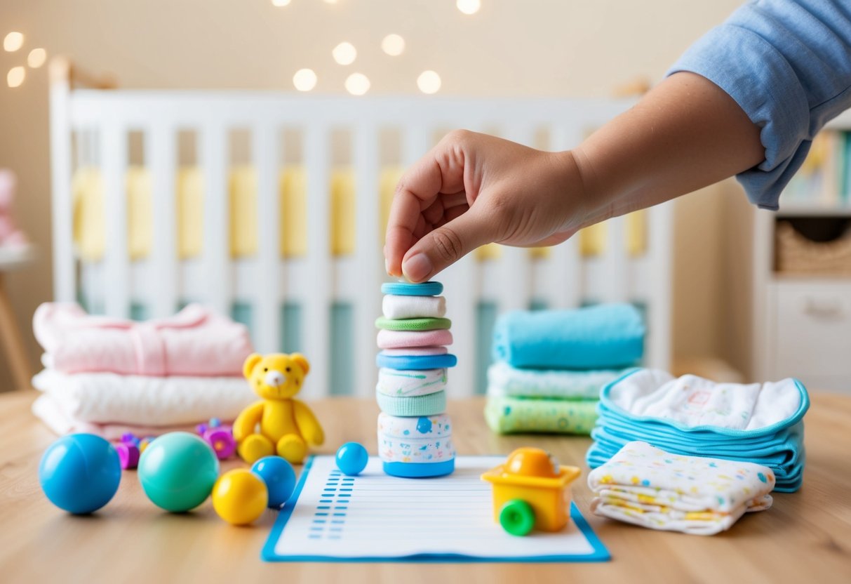 A hand placing a variety of baby items on a registry list, including toys, clothes, and diapers, with a background of a cozy nursery setting