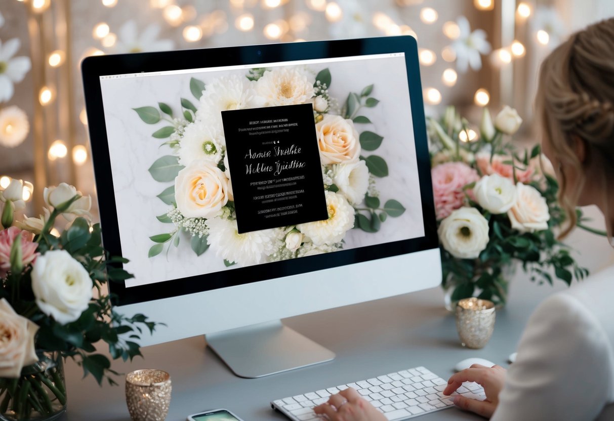 A computer screen with a virtual wedding invitation displayed, surrounded by flowers and decorative elements