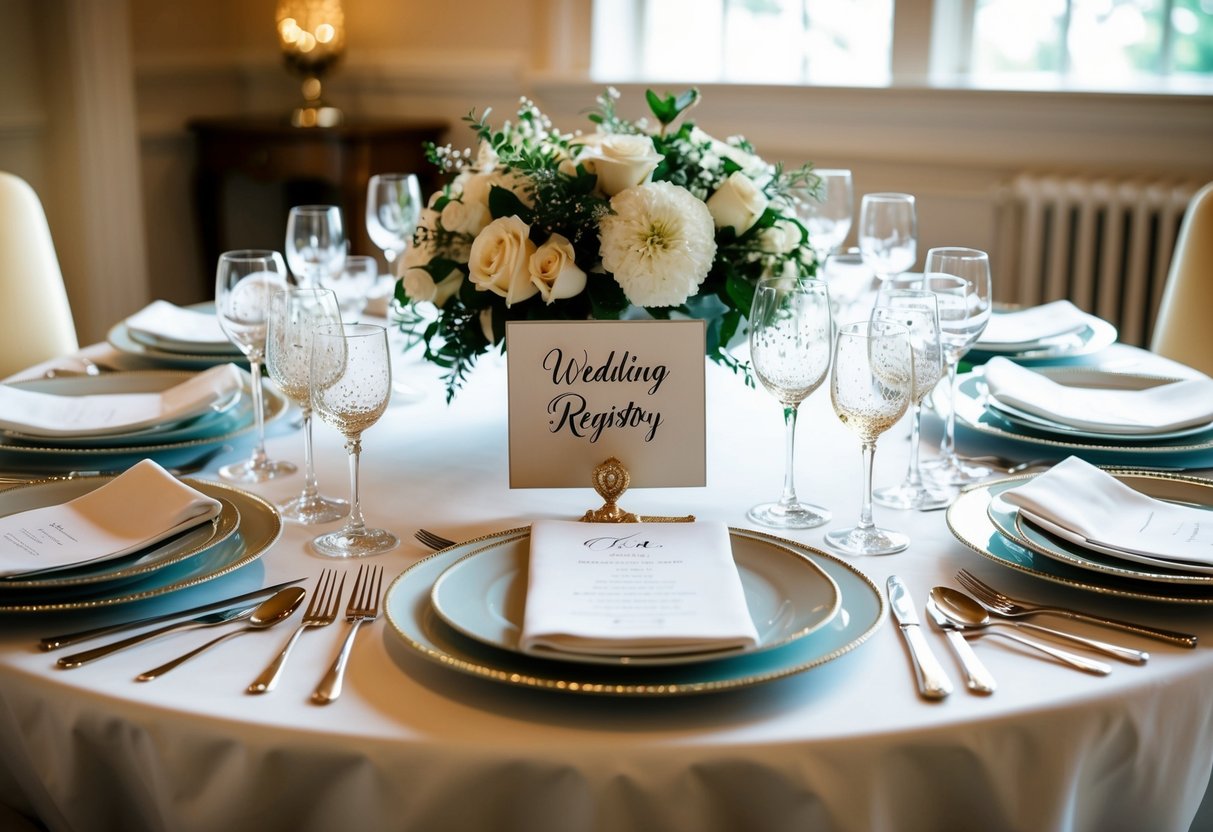 A table with elegant dinnerware, sparkling glassware, and luxurious linens arranged neatly, with a sign indicating a wedding registry