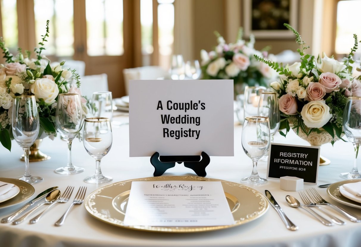 A couple's wedding registry is displayed on a beautifully decorated table with elegant place settings, surrounded by floral arrangements and a sign indicating the registry information