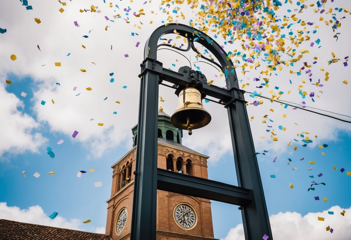 A bell tower rings joyously, as colorful confetti floats through the air, signaling the announcement of a wedding