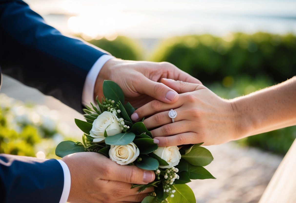A couple's hands holding a bouquet and a wedding ring, with a background of a romantic setting such as a garden or a beach
