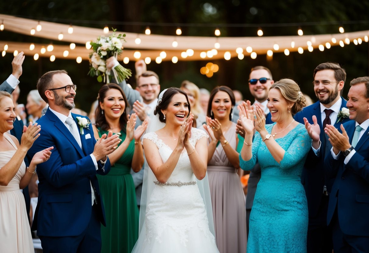 Wedding party and guests clapping and cheering in celebration
