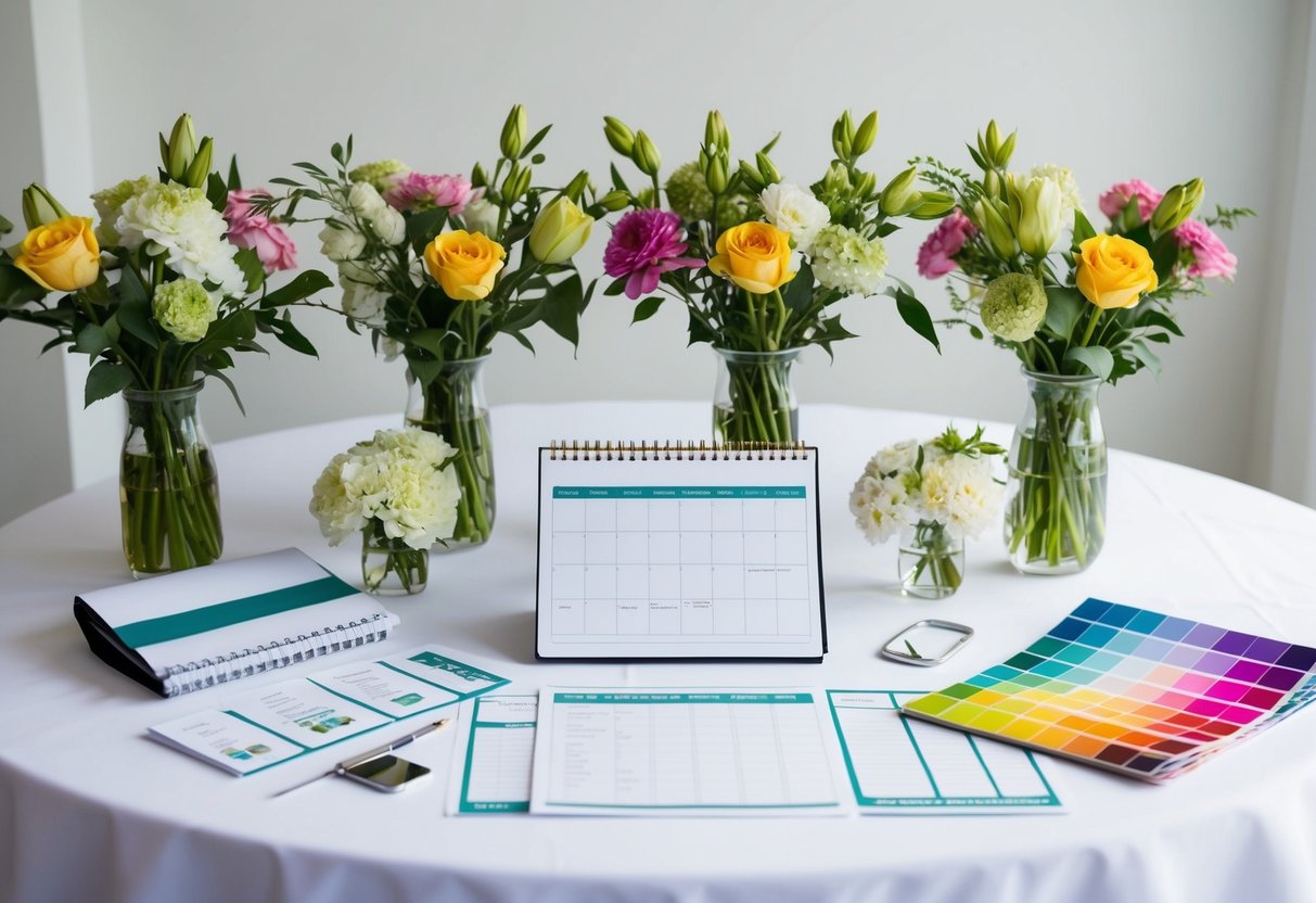 A table with neatly arranged wedding planning materials, including a calendar, checklist, and color swatches, surrounded by fresh flowers and a neatly folded tablecloth