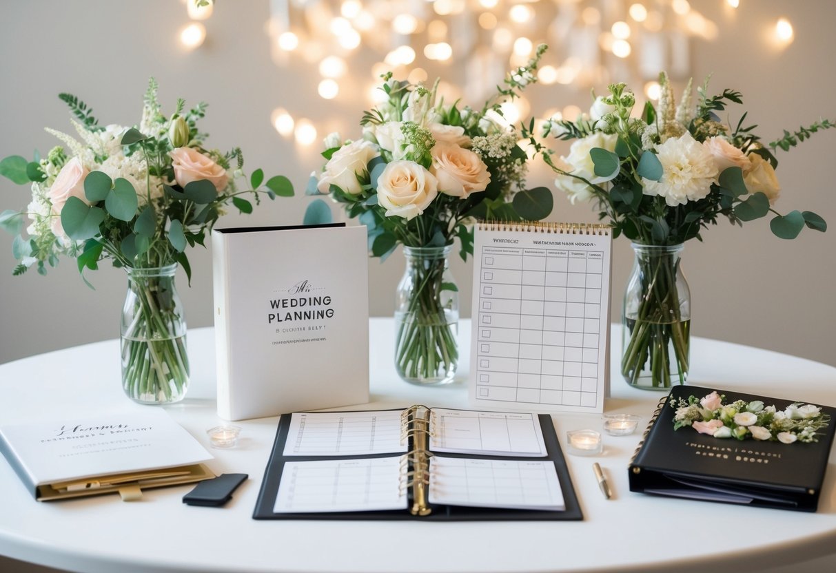 A table set with wedding planning binder, checklist, and calendar. Bouquets and decor samples arranged neatly