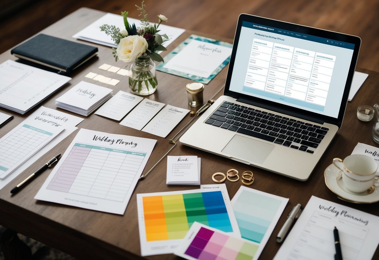 A table covered in wedding planning materials: checklists, calendars, and color swatches. A laptop open to a wedding organization website