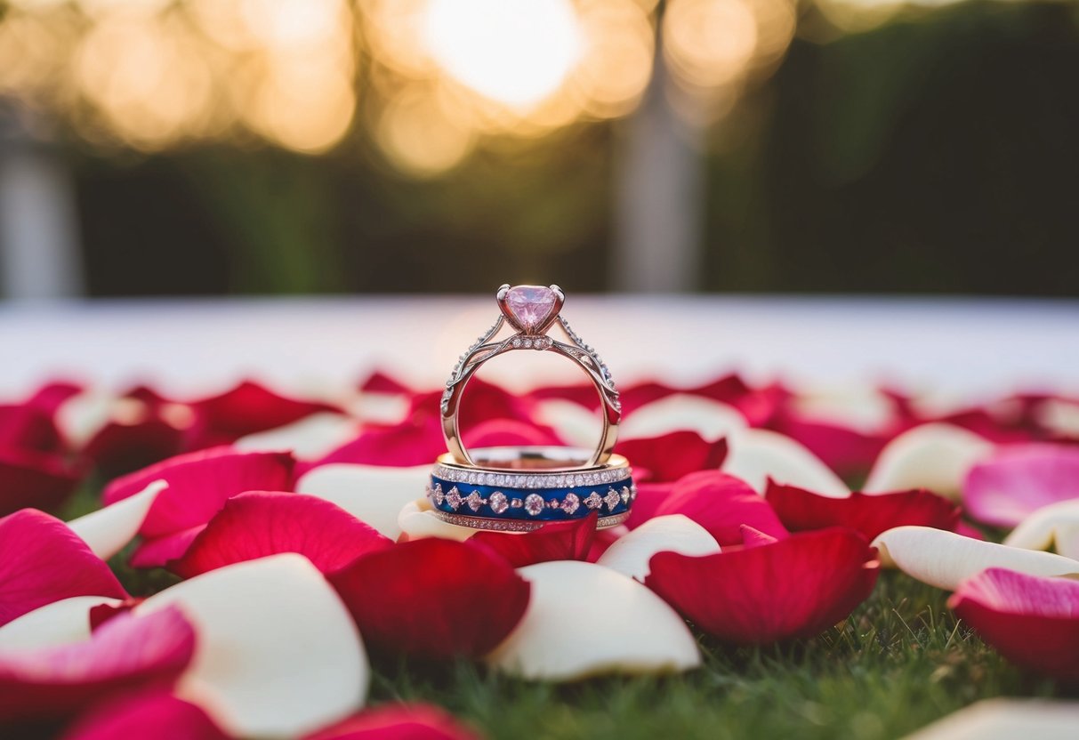 A decorated wedding ring placed on a bed of rose petals