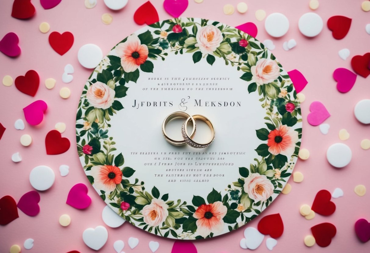 A wedding announcement with a floral border and two intertwined rings, surrounded by hearts and confetti