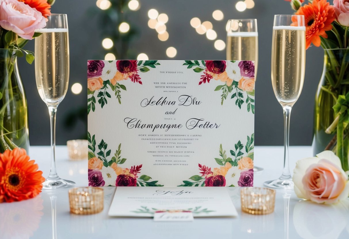 A beautifully decorated wedding invitation surrounded by flowers and champagne glasses