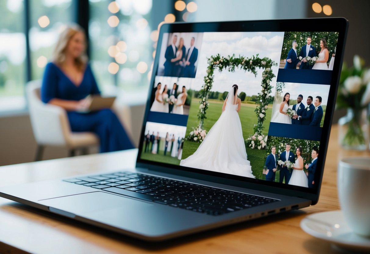 A laptop with a virtual wedding backdrop, surrounded by virtual guests on a computer screen