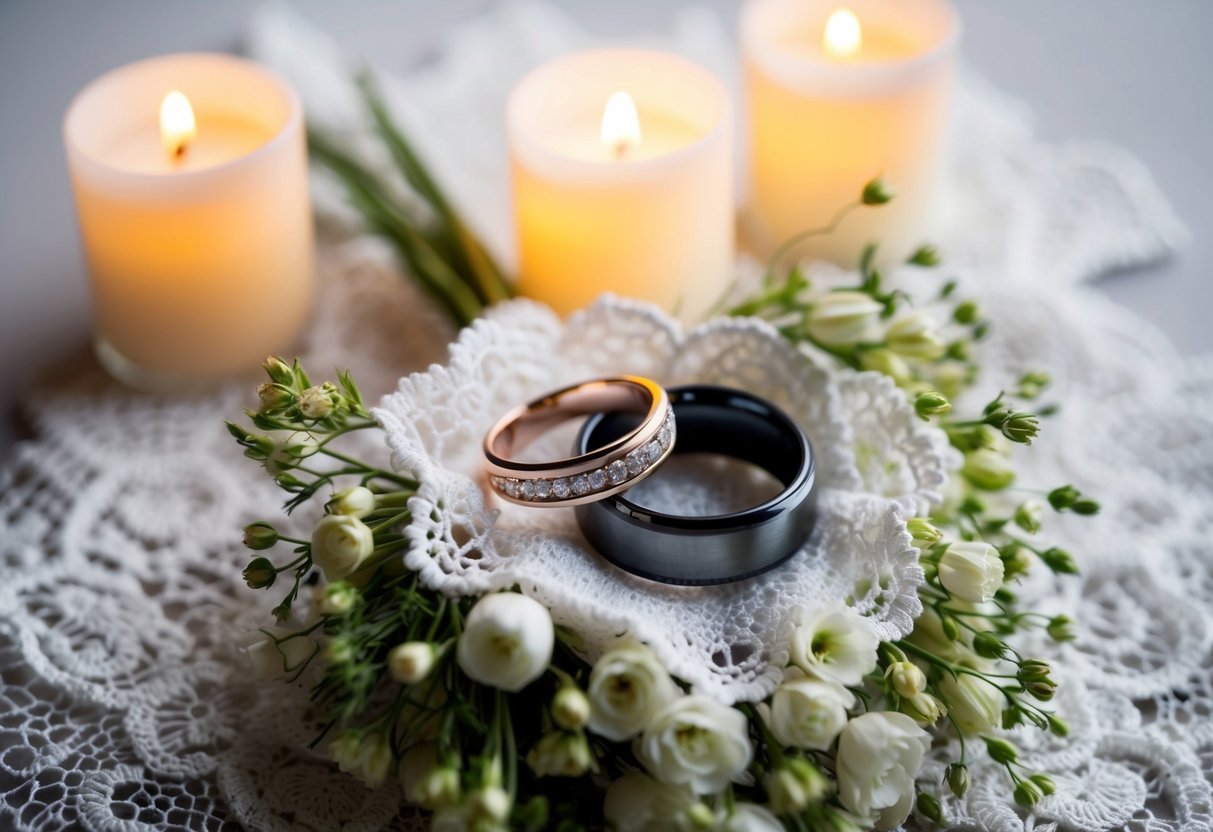 A pair of wedding rings nestled together on a bed of delicate white lace, surrounded by soft candlelight and a bouquet of fresh flowers