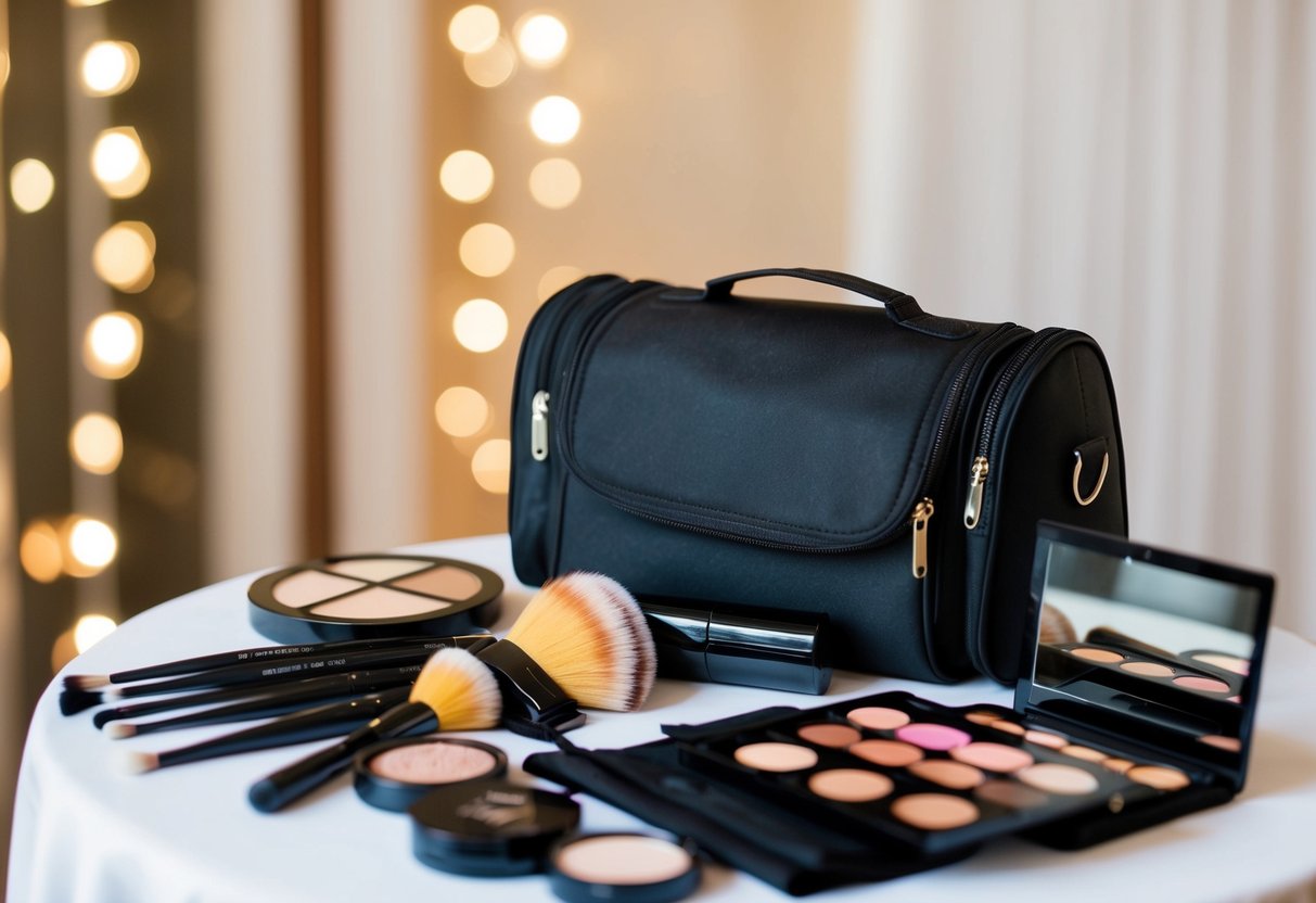 A bride's makeup kit and brushes laid out on a table