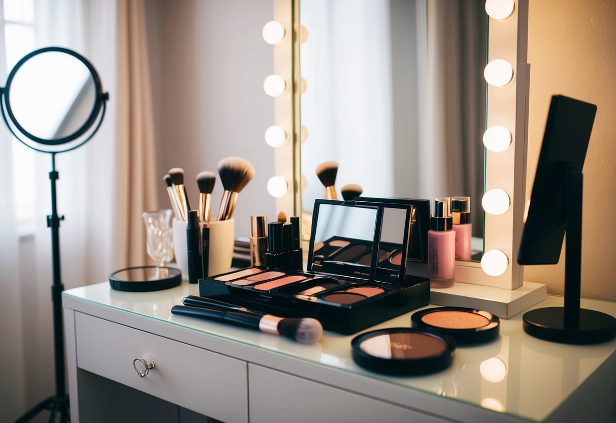 A bride's makeup products arranged neatly on a vanity table, with a mirror and soft lighting for the perfect wedding look
