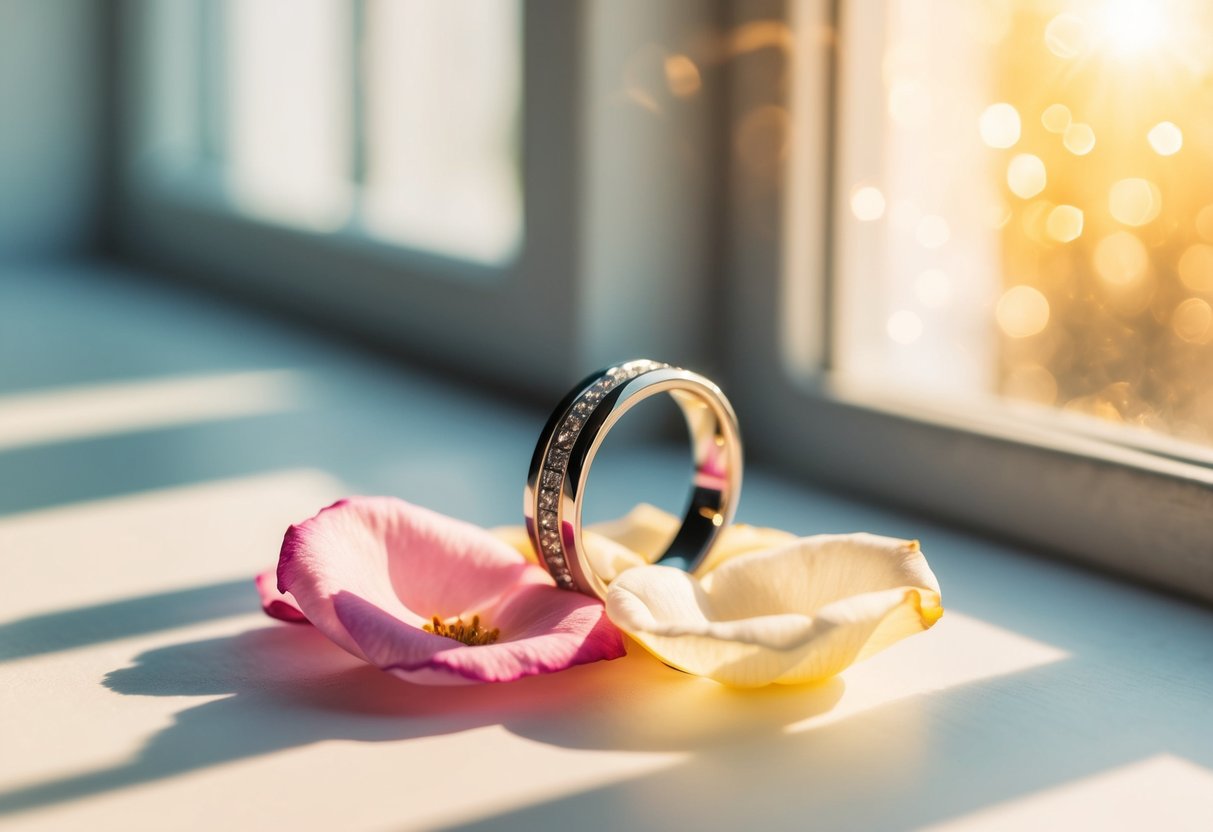 A pair of interlocked wedding rings resting on a bed of fresh rose petals, with a soft glow of sunlight streaming in through a nearby window