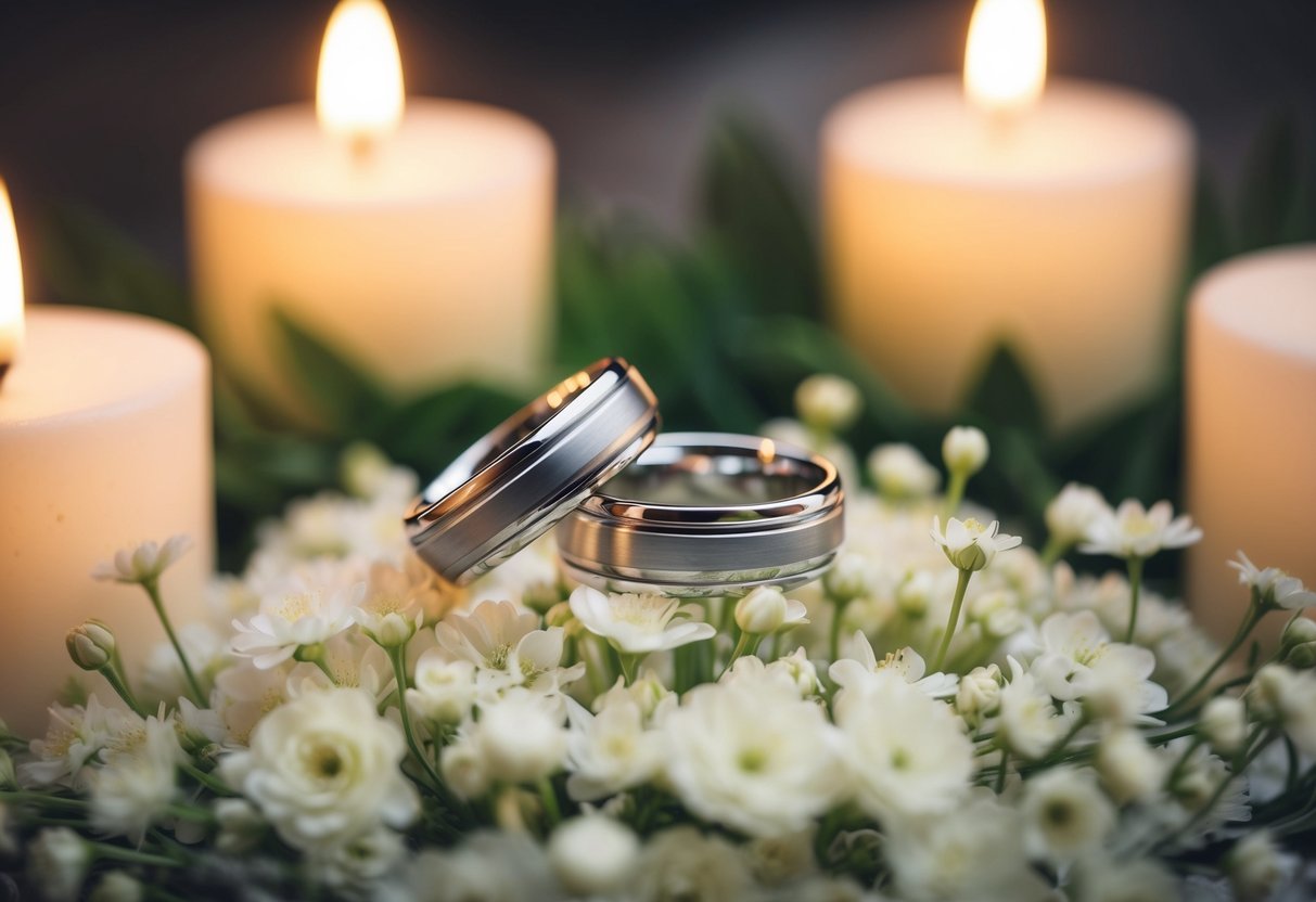 A pair of intertwined wedding bands sitting on a bed of delicate white flowers, surrounded by soft candlelight