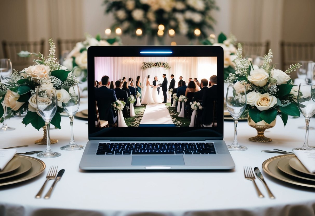 A laptop on a table with a virtual wedding ceremony streaming on the screen, surrounded by decorative flowers and elegant table settings