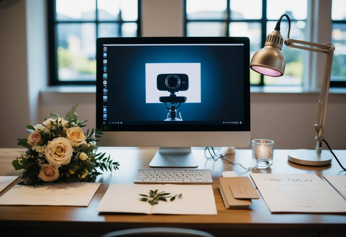 A computer with a webcam and microphone set up on a desk, surrounded by wedding invitations and a bouquet of flowers