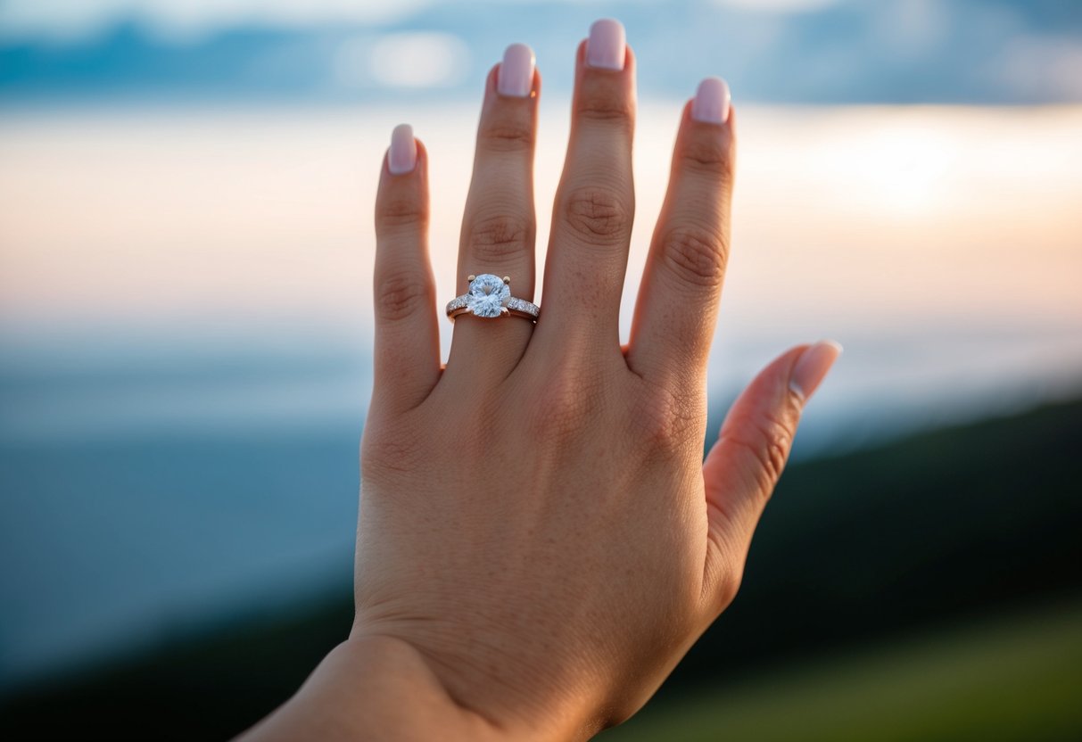 A hand holding a wedding ring with a scenic background