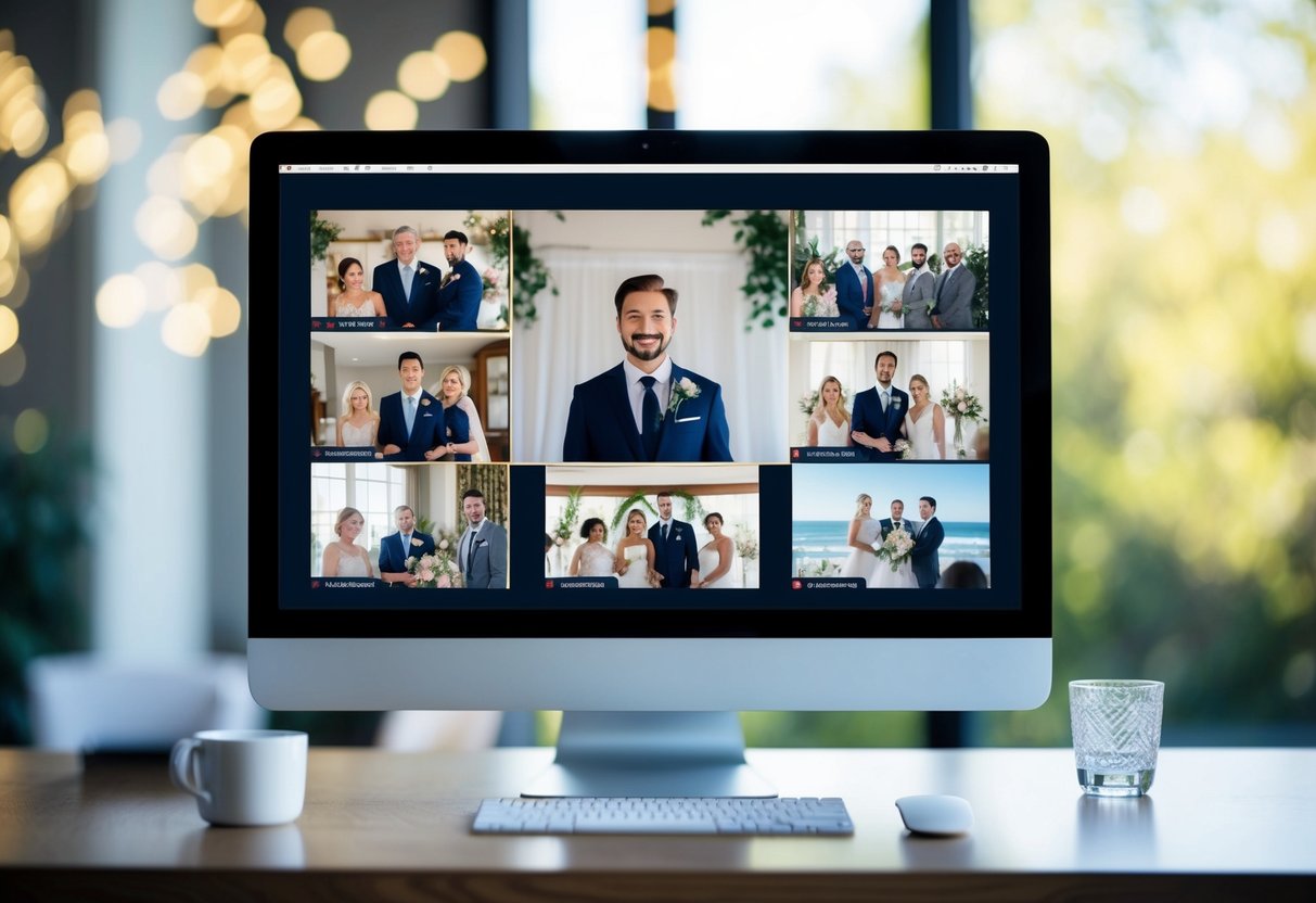A computer screen displaying a virtual wedding ceremony with multiple guests joining from different locations, each connected through their own device
