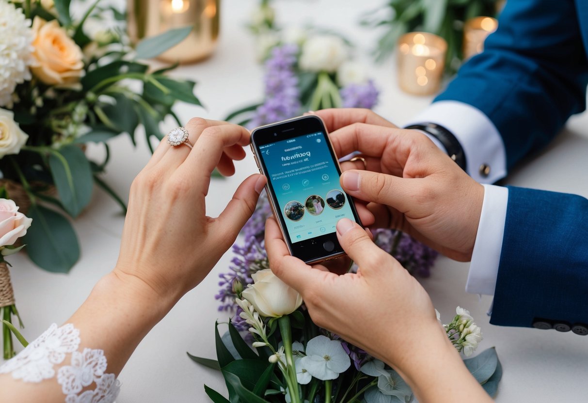 A couple's hands holding a wedding ring and a phone with an Instagram story interface open, surrounded by flowers and wedding decor