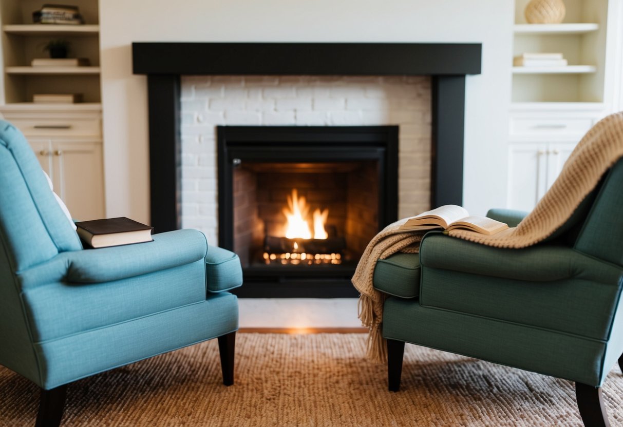 A cozy home with two chairs facing a fireplace, one empty and one occupied. The occupied chair has a book and a warm blanket draped over it