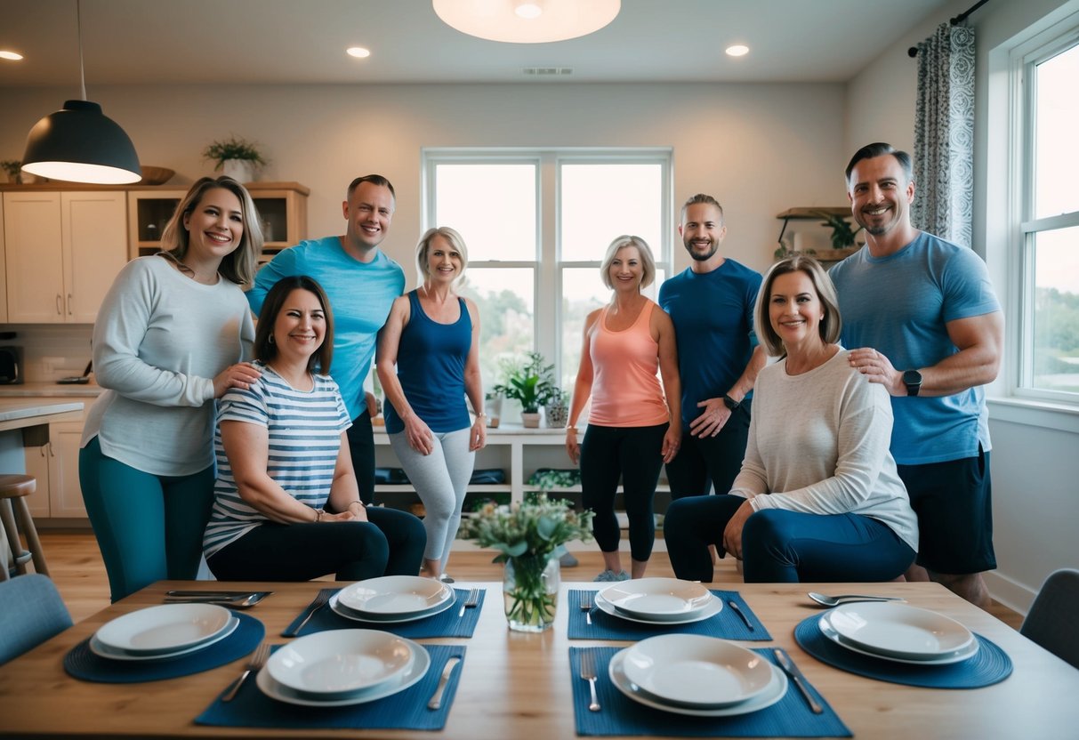 A cozy home with two sets of dishes and a shared exercise area, surrounded by supportive friends and family