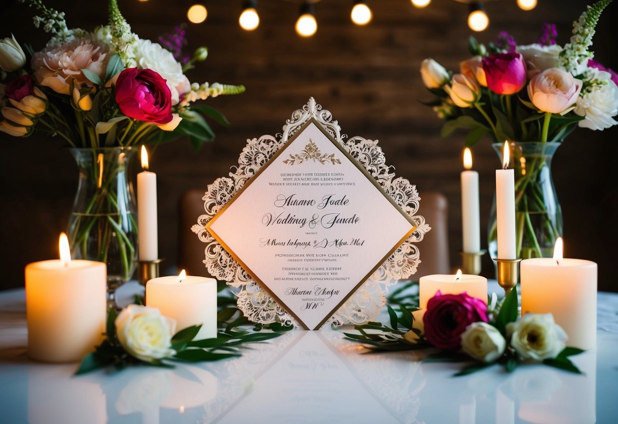 A decorative wedding invitation surrounded by flowers and candles on a table