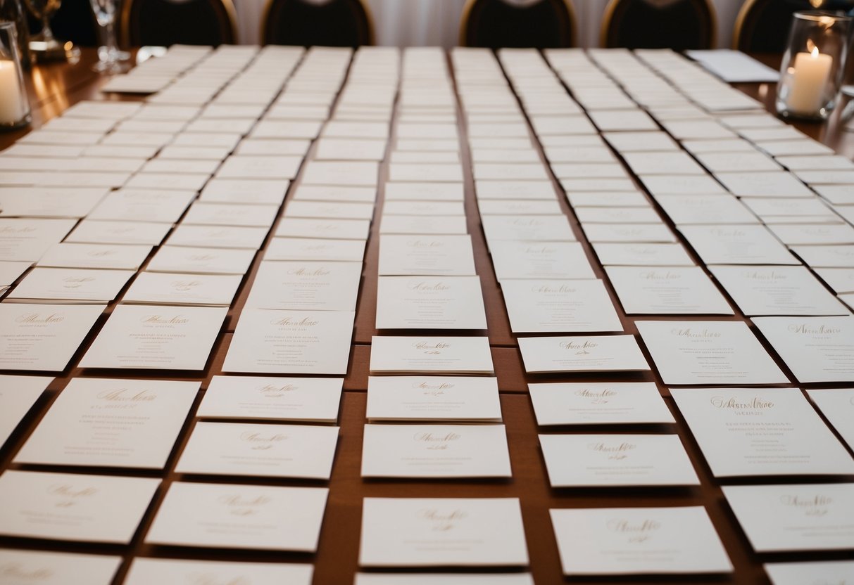 A table with 100 elegantly designed wedding invites arranged neatly in rows